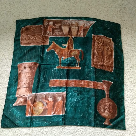 vintage 70s large square scarf sculptural pottery NWOT - Picture 1 of 4